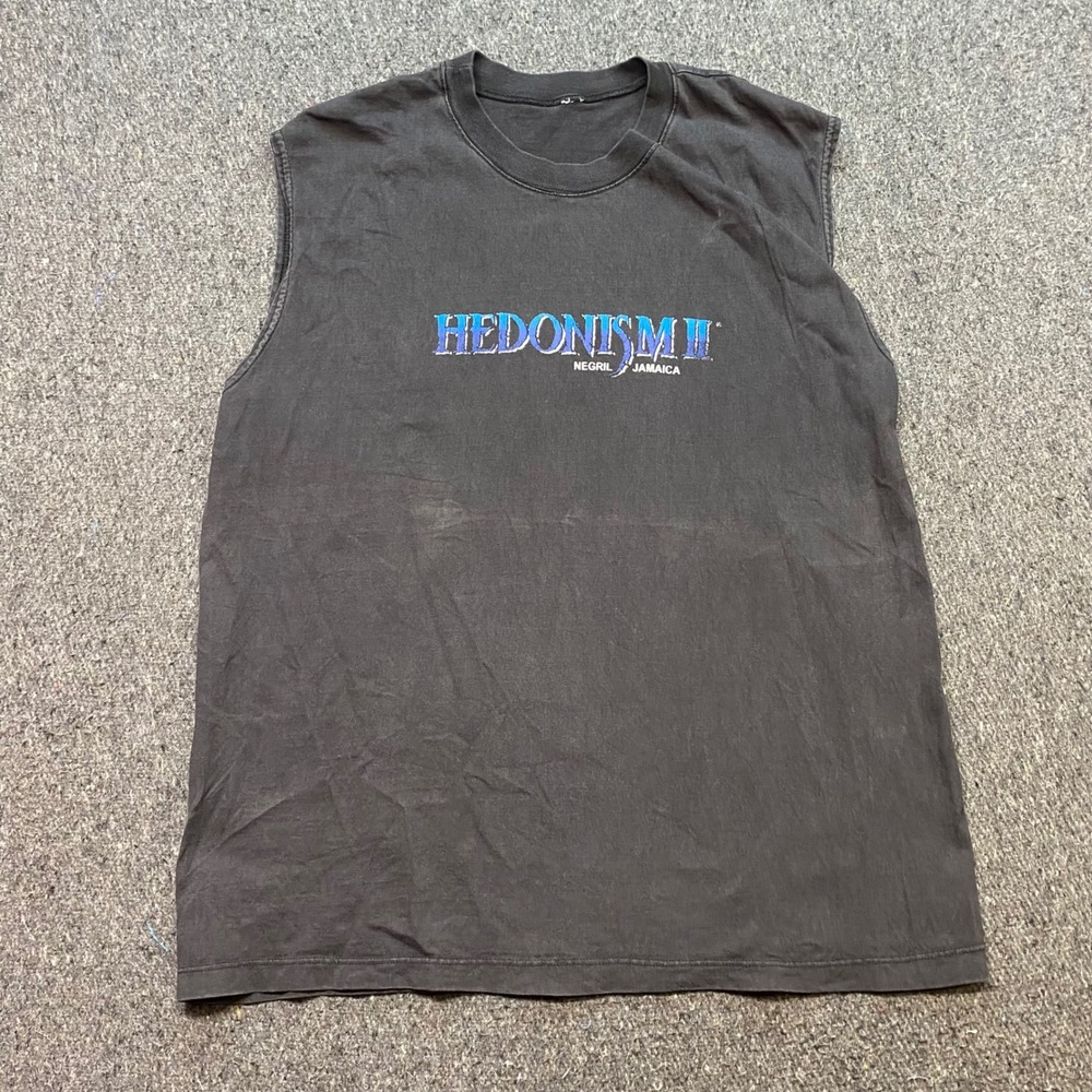 Hedonism II Negril Jamaica Muscle Tank Sz L Mens Black Y2K Grunge Souvenir Tee